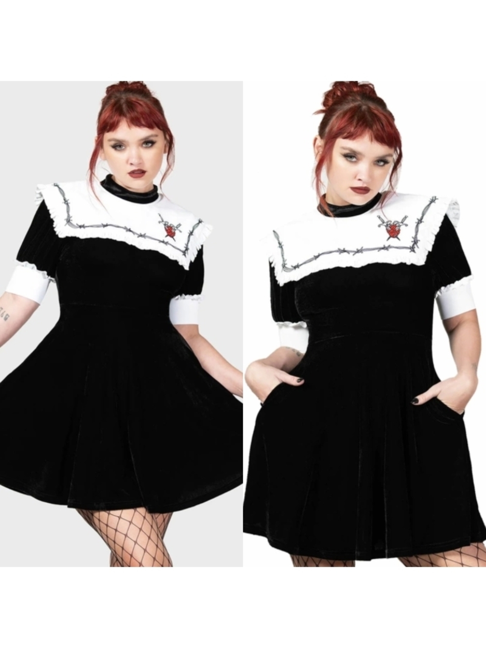 Killstar Black Velvet Sailor Midi Dress with White Collar and Red Heart